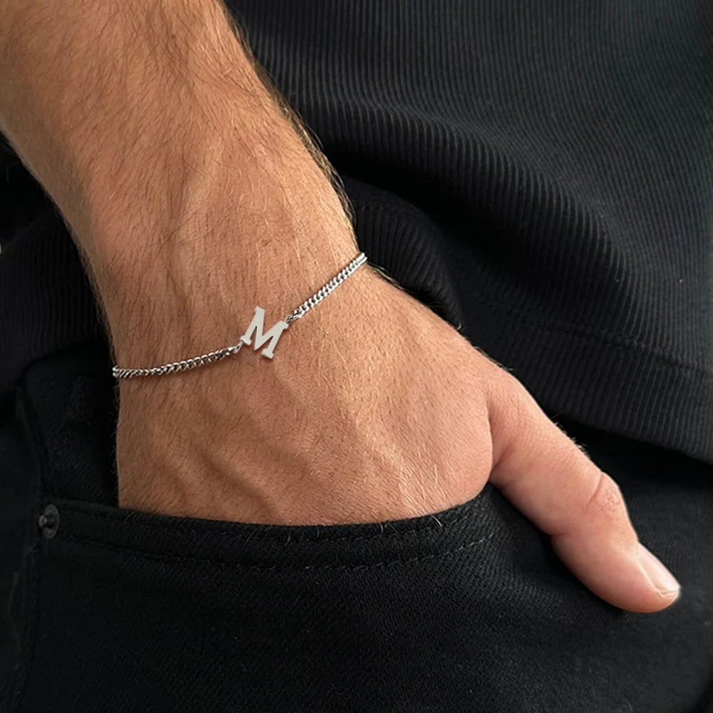 New Classic A-Z Initial Letter Bracelet Men Handmade Stainless Steel Chain Bracelet for Men Jewelry Gift