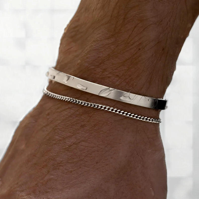 Stackable Bracelets for Men, 925 Sterling Silver/14K Gold Plated Bracelet Sets Dainty Cuff Bangle Box Cuban Link Bracelets