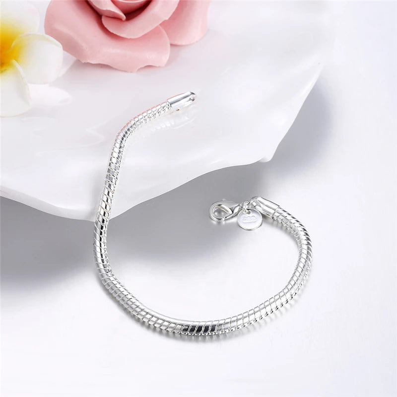 Suyixian 925 Sterling Silver 3Mm Snake Chain 8 Inches Basis Bracelet for Woman Charm Wedding Engagement Fashion Party Jewelry